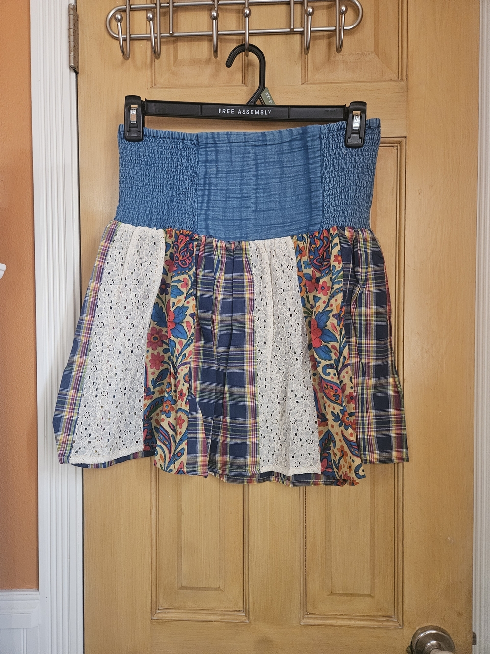 Natural Life Boho Patchwork Blue Smocked Waist Mini Skirt